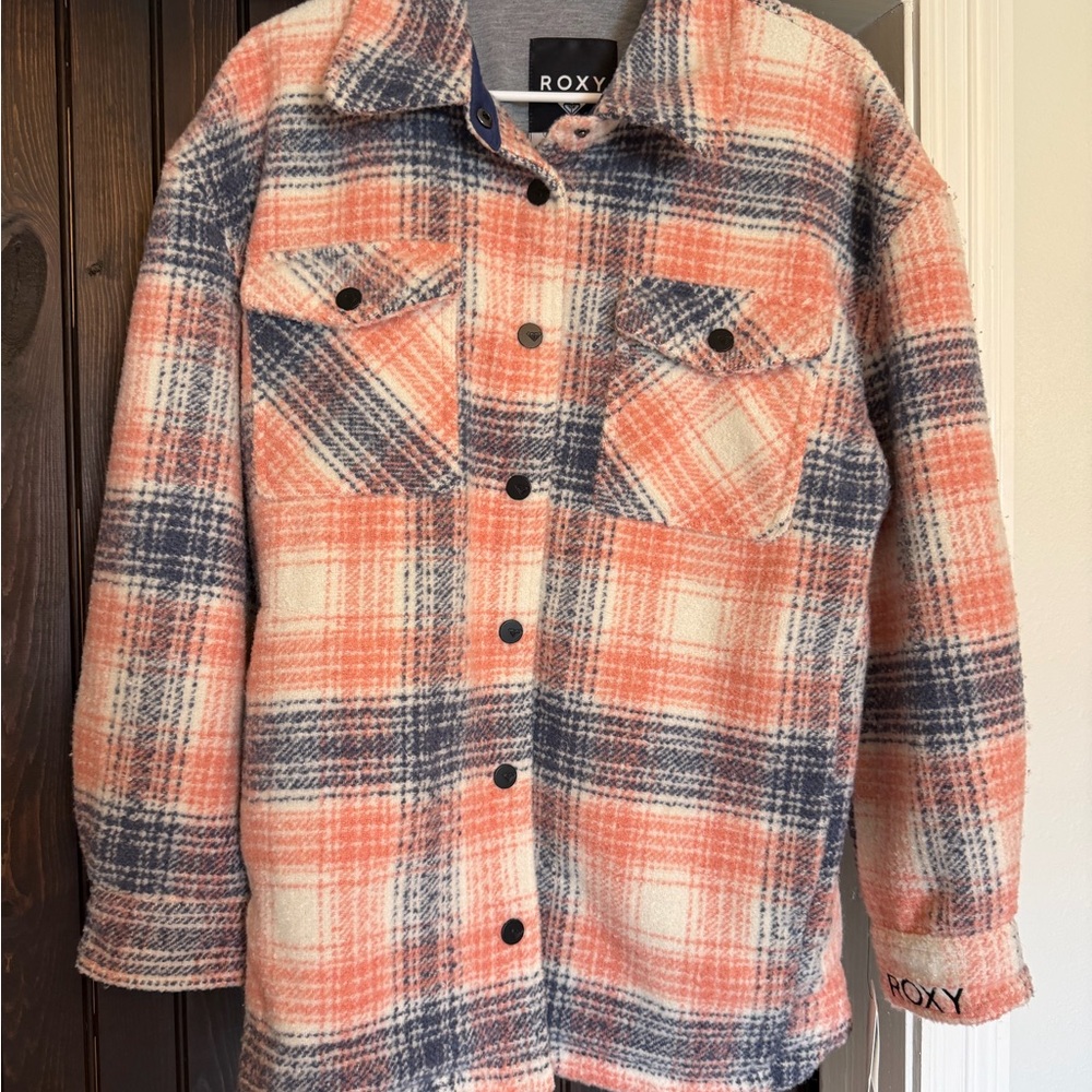 Women’s Roxy Plaid Outerwear- Peach Pink and Navy